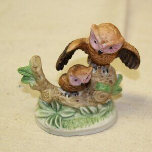 Vintage Brinn's Owls On Stump Nature Porcelain Mother and Baby Figurine